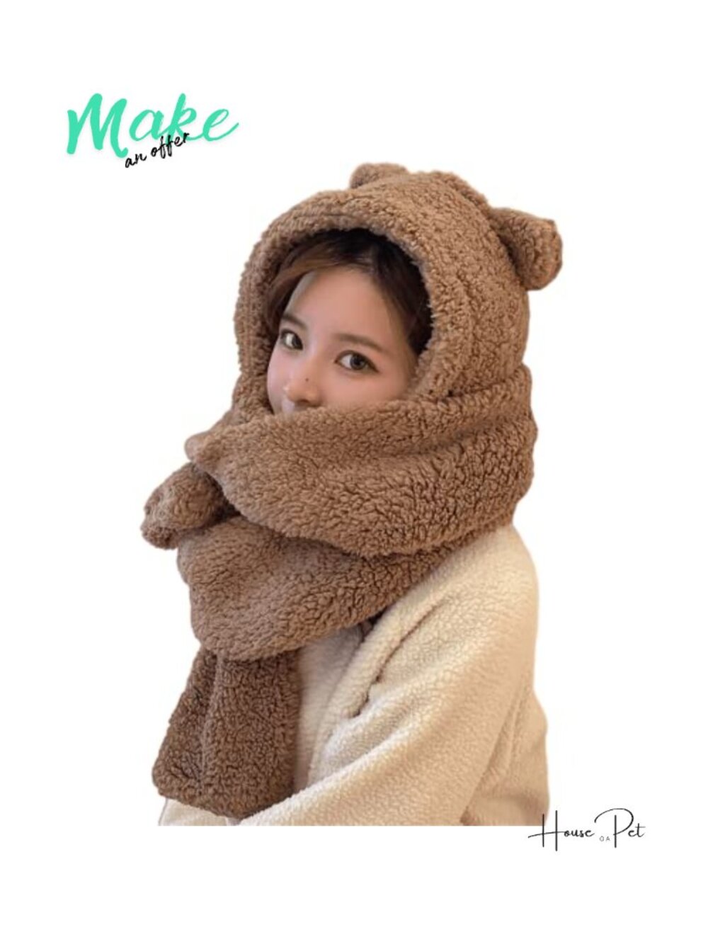 Kawaii Bear Ear Beanie Hat Scarf 2 in 1 Sherpa Fleece Fuzzy Winter Warm